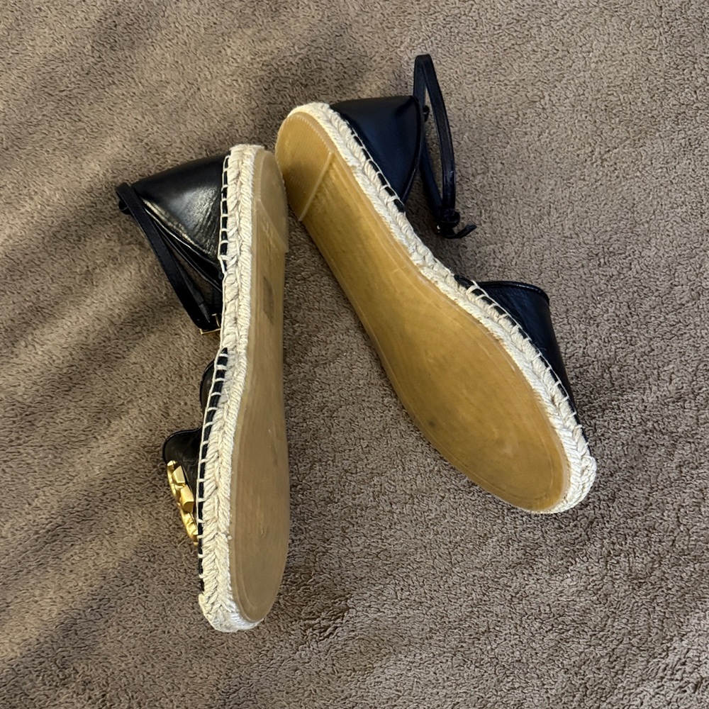 Tory Burch Black Leather Espadrilles with Gold Logo - Picture 2 of 2